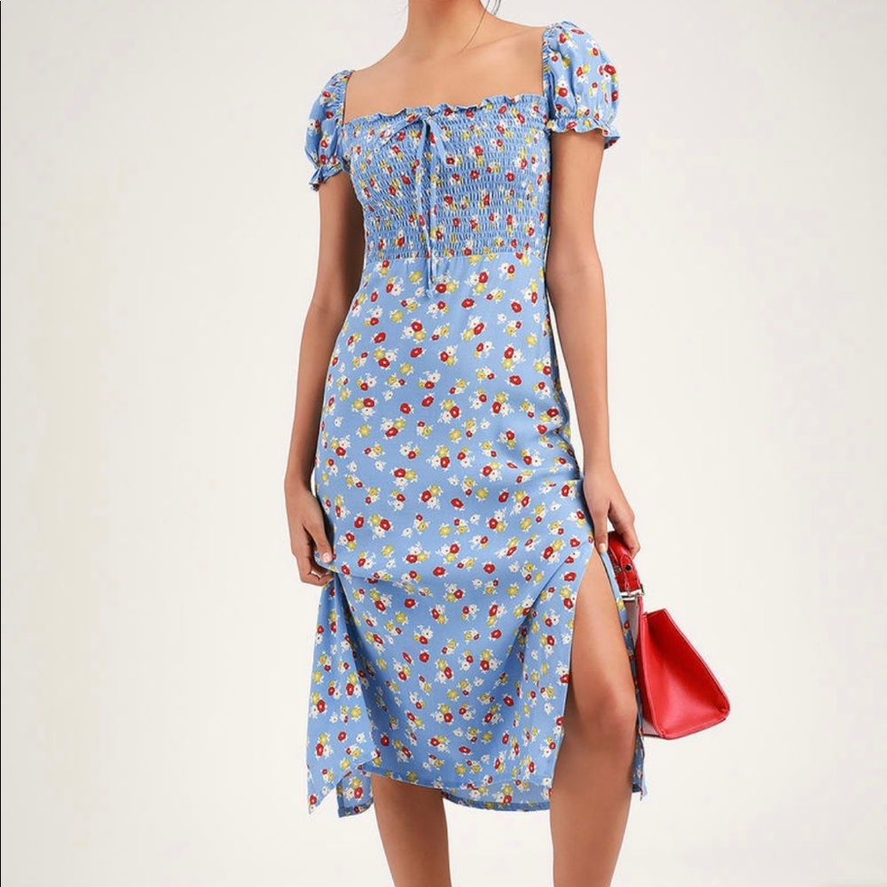 Faithfull The Brand Castilo Blue Floral Print Smocked Midi Dress